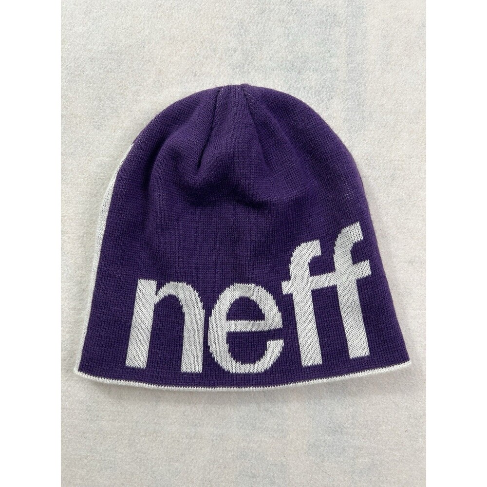 Neff Spellout Beanie Purple White Big Logo Knit Skater Slouchy Winter Hat OSFM
